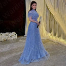 Customized Sparkling Baby Blue Evening Dresses Middle East 2024 Prom Party Gown Short Sleeves Feathers Wedding Guest Gown Sequin