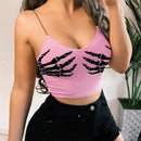 S-3xl Ladies Summer Camisole Bodycon Crop Top Hand Print Gothic Sexy Close Fit Low Cut Camisole Clubwear Four Colors Tank