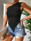 Sexy One Shoulder Ruched Asymmetrical Hem Top Women Summer Casual Solid Color Pleated Sleeveless Tee Top Streetwear Y2K