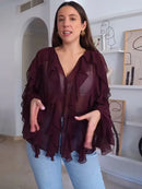 TFMLN Sexy Women Translucent Ruffles Blouses 2025 New Fashion V-neck Single Breasted Tierred Causal Tops Beach Style Solid Shirt