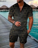 2025 Trend Men Streetwear Fashion Half Zip Polo Shirts+shorts 2 PCS Sets Men's 3D Digital Print Casual Suit New Male Tracksuits