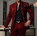 Patterned Black Men's Suit 2-piece Jacket Pants Wedding Groom Tuxedo Stand Collar Blazer Classic Jacquard Outfit