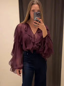 TFMLN Sexy Women Translucent Ruffles Blouses 2025 New Fashion V-neck Single Breasted Tierred Causal Tops Beach Style Solid Shirt