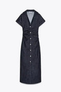 Retro Deep Blue Fold Women Denim Maxi Dress Fashion Short Sleeve V Neck Button Slim Fit Long Dresses Lady New Commute Chic Robes