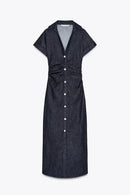 Retro Deep Blue Fold Women Denim Maxi Dress Fashion Short Sleeve V Neck Button Slim Fit Long Dresses Lady New Commute Chic Robes