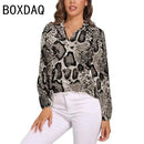 Blue Snakeskin Printed Vintage Blouse Oversize Women's Spring Summer Long Sleeve Lapel  Blouses Fashion OL Female Classic Shirt