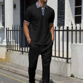 2025 new men's summer trend two-piece waffle collar short sleeve pants Business casual loose short sleeve + pants suit