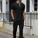 2025 new men's summer trend two-piece waffle collar short sleeve pants Business casual loose short sleeve + pants suit