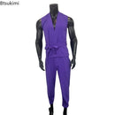 2025 Fashion High Street Men's Two Pieces Purple Sleeveless Lace-up Cardigan Tops and Pants Casual Outfits Trend Men's Clothing