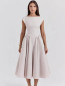 Elegant Solid Women Maxi Dress Fashion Sleeveless Round Neck Retract Waist A Line Pleated Robe 2025 New Lady Party Evening Gown
