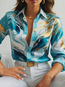Women's Elegant Marble Print Long Sleeve Work Shirt  Spring & Summer Long Sleeve Tops