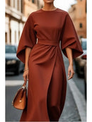 2025 Spring Summer New Women's Fashion Style Elegant Solid Color Waist Dress Casual Bat Sleeve Long Dress Vestidos Para Mujer