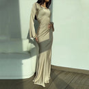 Fashionable new round neck long sleeved lace up solid color elegant waist cinching dress