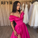 RFYR Elegant Pleats Prom Gown Satin Side Slit Evening Dress Off Shoulder Party Prom Dress For Women robes de soirée Customized