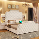 Queen Size 53” Tall Platform Bed Frame with 4 Storage Drawers Built in Charging Station & LED Bedroom White Headboards Under Bed