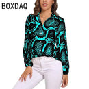 Blue Snakeskin Printed Vintage Blouse Oversize Women's Spring Summer Long Sleeve Lapel  Blouses Fashion OL Female Classic Shirt