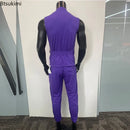 2025 Fashion High Street Men's Two Pieces Purple Sleeveless Lace-up Cardigan Tops and Pants Casual Outfits Trend Men's Clothing