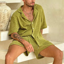 Beach Style Breathable Knitted Mens Set Summer Casual Pure Color Short Sleeve Knit Shirt And Shorts Two Piece Suits Men Outfits