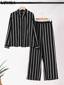 Plus Size 5XL VONDA Women Pants Sets 2024 Matching Sets Vintage Striped Shirt Trouser Casual Two-Piece Sets Office Lady Suits