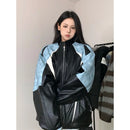 American Style Loose Women's Biker Jacket Color Block Windproof Spring Autumn Casual Top Trendy Outerwear Motorcycle Coat