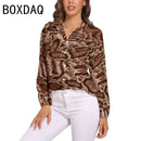 Blue Snakeskin Printed Vintage Blouse Oversize Women's Spring Summer Long Sleeve Lapel  Blouses Fashion OL Female Classic Shirt