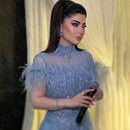 Customized Sparkling Baby Blue Evening Dresses Middle East 2024 Prom Party Gown Short Sleeves Feathers Wedding Guest Gown Sequin