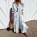 New Women's V-neck Single Breasted Shirt Dress Casual Loose Bohemian Long Dress 2025 Retro Pattern Printed Loose Vacation Dress