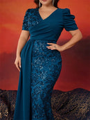 XUIBOL Plus Size Elegant V-neck Sequins Evening Dress Women Short Sleeves Mermaid Formal Luxury Party Streamer Prom Dress