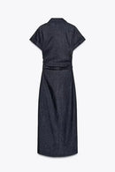 Retro Deep Blue Fold Women Denim Maxi Dress Fashion Short Sleeve V Neck Button Slim Fit Long Dresses Lady New Commute Chic Robes