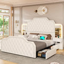 Queen Size 53” Tall Platform Bed Frame with 4 Storage Drawers Built in Charging Station & LED Bedroom White Headboards Under Bed