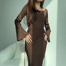 Fashionable new round neck long sleeved lace up solid color elegant waist cinching dress
