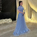 Customized Sparkling Baby Blue Evening Dresses Middle East 2024 Prom Party Gown Short Sleeves Feathers Wedding Guest Gown Sequin