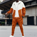 2025 Men's new fashion trend hooded zipper double pocket patchwork color jacket Business casual sports suit