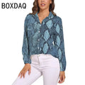 Blue Snakeskin Printed Vintage Blouse Oversize Women's Spring Summer Long Sleeve Lapel  Blouses Fashion OL Female Classic Shirt