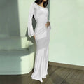 Fashionable new round neck long sleeved lace up solid color elegant waist cinching dress