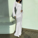 Fashionable new round neck long sleeved lace up solid color elegant waist cinching dress