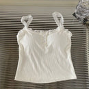 Summer Lace Strap Patchwork Camisole Women Solid Color Sleeveless Buttons Tank Top