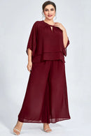 Women's Plus Size Formal Burgundy Chiffon Ruffle Sleeve Cut Out Wide Leg Two Piece Pant Suit Casual Office Lady Matching Sets